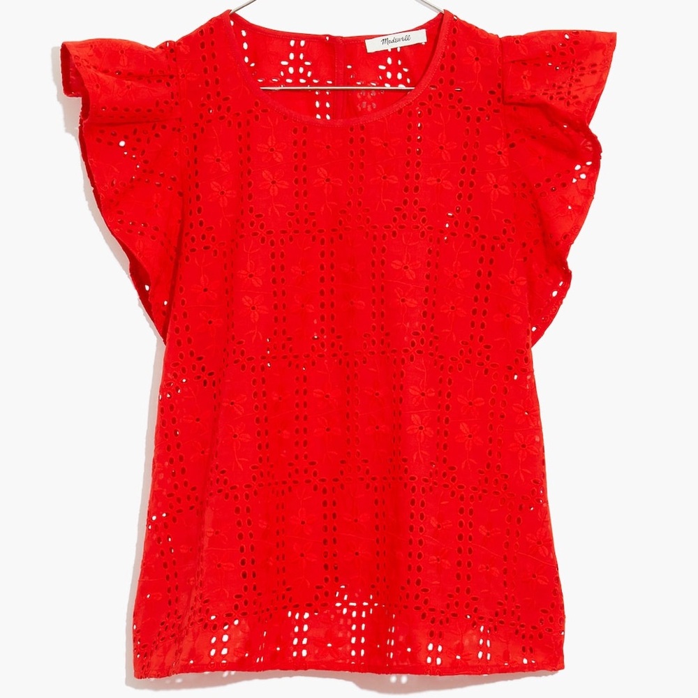 Madewell Eyelet Lace Crewneck Flutter Sleeve Top Blouse Red Women’s Size Medium